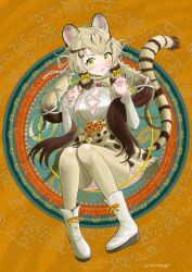 Rule 34 | 1girl, aburaeoyaji, animal ears, boots, bow, bowtie, cat ears, cat girl, cat tail, extra ears, geoffroy&#039;s cat (kemono friends), green eyes, grey hair, highres, kemono friends, kemono friends v project, kneehighs, long hair, looking at viewer, microphone, ribbon, shirt, skirt, socks, solo, suspenders, tail, twintails, virtual youtuber