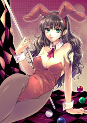Rule 34 | 1girl, animal ears, arm support, bad id, bad pixiv id, ball, bare shoulders, billiard ball, billiards, breasts, brown hair, brown pantyhose, cleavage, cropped legs, cue stick, curly hair, detached collar, eyebrows hidden by hair, eyes visible through hair, fake animal ears, flieger, green eyes, grin, hand up, holding, large breasts, leotard, long hair, looking at viewer, neck, original, pantyhose, parted lips, playboy bunny, rabbit ears, red leotard, smile, solo, strapless, strapless leotard, thick thighs, thighs, wrist cuffs