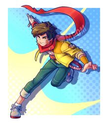 Rule 34 | 1boy, brown eyes, brown hair, chai (hi-fi rush), full body, hi-fi rush, jacket, magicalpouch, male focus, open clothes, open jacket, prosthesis, prosthetic arm, red scarf, running, scarf, shoelaces, shoes, smile, solo, teeth, yellow jacket