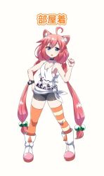 Rule 34 | 1girl, ahoge, animal ear fluff, animal ears, asymmetrical legwear, bare shoulders, bike shorts, black choker, blue eyes, boots, bright pupils, cat ears, choker, clenched hand, commentary request, full body, hair bobbles, hair ornament, hand on own hip, hand up, hinata channel, legs apart, long hair, looking at viewer, low-tied long hair, matsumoto tomoyohi, mismatched legwear, nekomiya hinata, open mouth, orange thighhighs, pigeon-toed, pink hair, shirt, sleeveless, sleeveless shirt, solo, standing, thighhighs, tied shirt, very long hair, virtual youtuber, watch, white footwear, wristwatch