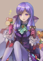 Rule 34 | 1girl, buttons, candy, dress, fire emblem, fire emblem: path of radiance, fire emblem heroes, food, gloves, halloween costume, highres, holding, ilyana (fire emblem), long hair, long sleeves, mai yukari, nintendo, open mouth, pantyhose, pink gloves, purple eyes, purple hair, short dress, simple background, sitting, solo, white pantyhose
