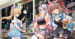 Rule 34 | 3girls, 7-eleven, absurdres, angelina (arknights), arknights, azur lane, bare shoulders, black choker, black dress, black hairband, blonde hair, blue eyes, blue skirt, bow, breasts, brown hair, casual, character request, chinese commentary, choker, cleavage, commentary request, cowboy shot, crop top, crossover, cup, disposable cup, dress, drinking straw, female focus, food, from side, genshin impact, grin, hair bow, hair ribbon, hairband, heart, high-waist skirt, highres, jacket, jean (genshin impact), kebab, long hair, looking at viewer, medium breasts, midriff, miniskirt, multiple girls, navel, off shoulder, open clothes, open jacket, ponytail, prinz heinrich (azur lane), profile, purple bow, red eyes, red ribbon, ribbon, short dress, skirt, smile, standing, starbucks, stomach, thigh strap, thighhighs, thighs, white legwear, yvettechou