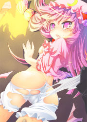 Rule 34 | 1girl, ass, bad id, bad pixiv id, bloomers, crescent, crescent moon, female focus, kiritomo koroha, long hair, moon, patchouli knowledge, purple eyes, purple hair, solo, torn clothes, touhou, underwear