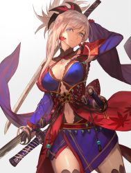 Rule 34 | 1girl, arm behind head, arm up, blue eyes, breasts, fate/grand order, fate (series), head tilt, highres, japanese clothes, katana, lack, light smile, long hair, looking at viewer, medium breasts, miyamoto musashi (fate), miyamoto musashi (third ascension) (fate), pink hair, smile, solo, sword, thighs, weapon
