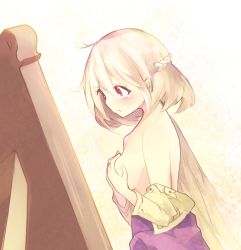Rule 34 | 1girl, albino, blush, braid, breasts, chiroru (cheese-roll), covering privates, covering breasts, dress, dutch angle, jacket, kishin sagume, long sleeves, medium breasts, mirror, off shoulder, open clothes, pout, profile, red eyes, short hair, single wing, solo, tears, touhou, white hair, wings