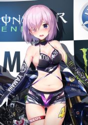 Rule 34 | 1girl, alternate costume, areola slip, black gloves, black shorts, blush, breasts, cleavage, clothes writing, collarbone, cowboy shot, crotch cutout, elbow gloves, embarrassed, fate/grand order, fate (series), ferrari, gedou (shigure seishin), gloves, hair over one eye, hip vent, looking at viewer, mash kyrielight, medium breasts, motor vehicle, motorcycle, navel, nose blush, pink hair, purple eyes, race queen, raised eyebrows, shiny skin, short hair, short shorts, shorts, sideboob, skindentation, solo, standing, stomach, thigh gap, thighs, yamaha