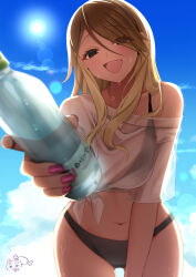 Rule 34 | 1girl, bikini, black bikini, blonde hair, blue sky, blush, brown hair, cloud, commentary request, commission, earrings, fingernails, foreshortening, giving, gluteal fold, gradient hair, hamcheeseand, highres, idolmaster, idolmaster shiny colors, izumi mei, jewelry, looking at viewer, multicolored hair, nail polish, navel, outdoors, pixiv commission, shirt, signature, single bare shoulder, sky, smile, solo, stomach, sun, sweat, swimsuit, tied shirt, white shirt