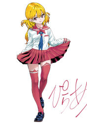 Rule 34 | 1girl, :q, absurdres, blonde hair, blue neckerchief, hashiguchi takashi, highres, loafers, looking at viewer, neckerchief, original, pink eyes, red sailor collar, red skirt, red thighhighs, sailor collar, school uniform, shoes, simple background, skirt, skirt hold, smile, solo, thighhighs, tongue, tongue out, twintails, white background, zettai ryouiki