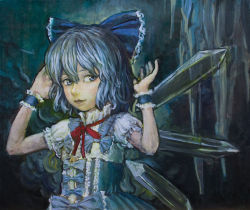 Rule 34 | 1girl, blue background, blue eyes, blue hair, bodice, bow, cirno, embellished costume, hair bow, hands up, highres, lips, looking at viewer, matching hair/eyes, oil painting (medium), painting (medium), ribbon, short hair, short sleeves, solo, stalactite, touhou, traditional media, tsun (tsutaya01), wings, wrist cuffs