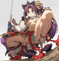 Rule 34 | 1girl, abs, armor, asymmetrical sleeves, black hair, blue eyes, breast curtains, breasts, covered navel, detached sleeves, fate/grand order, fate (series), feather hair ornament, feathers, hair bun, hair ornament, hat, highres, japanese armor, katana, long hair, looking at viewer, medium breasts, mismatched sleeves, no bra, parted bangs, revealing clothes, sheath, side ponytail, sidelocks, single side bun, socks, solo, squatting, sword, ushiwakamaru (fate), very long hair, weapon, white sleeves, white socks, wide sleeves, ysk!