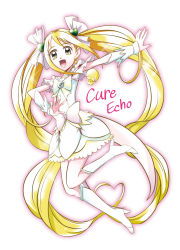 Rule 34 | 1girl, arm warmers, blonde hair, boots, bow, character name, choker, cure echo, detached sleeves, dress, earrings, eyelashes, full body, fuu-chan (precure), hair ornament, hair ribbon, happy, heart, high heels, jewelry, knee boots, kneehighs, long hair, looking at viewer, maboroshineko, magical girl, open mouth, pink bow, precure, precure all stars new stage: mirai no tomodachi, ribbon, sakagami ayumi, simple background, smile, socks, solo, twintails, very long hair, waist bow, white background, white choker, white dress, white footwear, wrist cuffs, yellow eyes