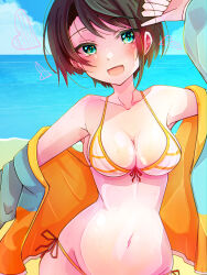 Rule 34 | 1girl, arm up, beach, bikini, blue eyes, blue jacket, blue sky, blush, breasts, brown hair, cleavage, front-tie bikini top, front-tie top, heart, highres, hololive, jacket, large breasts, navel, oozora subaru, oozora subaru (hololive summer 2019), open mouth, qwq oekaki, short hair, side-tie bikini bottom, sky, smile, solo, striped bikini, striped clothes, swimsuit, two-sided fabric, two-sided jacket, virtual youtuber, water, yellow bikini, yellow jacket