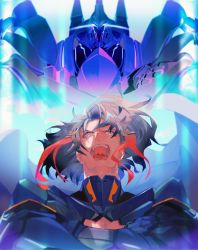 Rule 34 | 1girl, angry, armor, black armor, body armor, fate/grand order, fate (series), floating hair, grey hair, kibadori rue, looking at viewer, looking down, mecha, multicolored hair, odysseus (fate), open mouth, robot, streaked hair, yellow eyes