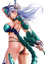 Rule 34 | ass, bad anatomy, blue eyes, blunt bangs, blush, breasts, cherosuke2015, dragon girl, highres, holding, holding polearm, holding spear, holding weapon, horns, lucille (sennen sensou aigis), medium breasts, polearm, sennen sensou aigis, shoulder spikes, silver hair, simple background, solo, spear, spikes, standing, tail, thong, weapon, white background
