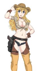 Rule 34 | 1girl, belt, black belt, black shorts, blonde hair, blue eyes, boots, breasts, brown hat, brown shirt, chaps, choker, cleavage, commentary request, cowboy hat, crop top, cutoffs, denim, denim shorts, fringe trim, gun, hand on own hip, handgun, hat, holster, large breasts, long hair, looking at viewer, micro shorts, navel, open fly, open mouth, original, red choker, ribbon choker, shirt, short sleeves, shorts, simple background, smile, solo, standing, thigh boots, thighhighs, tied shirt, wan&#039;yan aguda, weapon, white background, wrist cuffs, yellow footwear