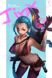 Rule 34 | 1girl, alternate breast size, blue hair, bra, braid, breasts, hairline, highres, jinx (league of legends), league of legends, long hair, red eyes, tattoo, thighhighs, tracyton, underwear, weapon