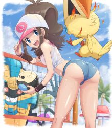 Rule 34 | 1girl, absurdres, bad id, bad twitter id, ball, baseball cap, beach volleyball, bent over, bikini, bikini top only, blue eyes, brown hair, cloud, cofagrigus, commentary request, creatures (company), day, eyelashes, feet out of frame, fire, game freak, gen 5 pokemon, hand on headwear, hat, high ponytail, highres, hilda (pokemon), holding, holding ball, kneepits, legendary pokemon, long hair, looking back, mythical pokemon, nintendo, open mouth, outdoors, palm tree, pink ribbon, playing sports, poke ball print, pokemoa, pokemon, pokemon (creature), pokemon bw, ribbon, see-through, see-through shirt, shiny skin, shirt, sidelocks, skin tight, sky, sleeveless, sleeveless shirt, swimsuit, teeth, tied shirt, tongue, tree, tympole, upper teeth only, victini, volleyball, volleyball (object), volleyball net, white shirt, wristband