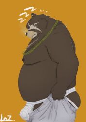 Rule 34 | 1boy, ass, bara, bear boy, ben bigger, big belly, brown fur, bulge, bulge lift, chain, chain necklace, cigarette, dressing, fat, fat man, feet out of frame, flat color, from side, furry, furry male, i&#039;ve never seen a guy recreate this successfully tbh (meme), jewelry, jockstrap, large pectorals, laz (lazxuszz), male focus, male underwear, meme, muscular, muscular male, necklace, nipples, open pants, orange background, pants, pants lift, pectorals, scar, scar across eye, short hair, smoking, solo, stomach, striped underwear, thick thighs, thighs, topless male, undersized clothes, underwear, zenless zone zero, zzz