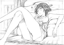 Rule 34 | 1girl, absurdres, alternate costume, arm across waist, armpits, blush, breasts, closed eyes, greyscale, hand on own stomach, hiei (kancolle), highres, kantai collection, kojima takeshi, crossed legs, medium breasts, monochrome, monochrome, short hair, shorts, sketch, sleeping, solo, tank top, thighs