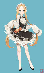 Rule 34 | 1girl, abigail williams (fate), abigail williams (festival outfit) (fate), absurdres, black skirt, blonde hair, bloomers, blue background, blue eyes, blush, closed mouth, dress, fate/grand order, fate (series), forehead, full body, gdd (vkejr702), highres, legs, long hair, long sleeves, looking at viewer, official alternate costume, parted bangs, sidelocks, simple background, skirt, sleeves past fingers, sleeves past wrists, smile, solo, underwear, very long hair, white bloomers, white dress