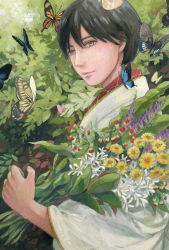 Rule 34 | 1boy, black hair, brown eyes, bug, butterfly, day, flower, graphite (medium), bug, japanese clothes, kimono, looking at viewer, male focus, original, outdoors, painting (medium), solo, spring (season), standing, traditional media, watercolor (medium), ying zhang