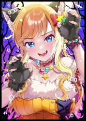 Rule 34 | 1girl, animal ears, bare shoulders, bead bracelet, bead necklace, beads, blonde hair, blue eyes, blush, bracelet, breasts, choker, claw pose, cleavage, collarbone, fangs, fingerless gloves, fur-trimmed shirt, fur gloves, fur trim, gloves, halloween costume, highres, idolmaster, idolmaster cinderella girls, jewelry, long hair, looking at viewer, medium breasts, nako narita, necklace, official alternate costume, ohtsuki yui, open mouth, orange shirt, red choker, shirt, smile, solo, wavy hair, wolf ears