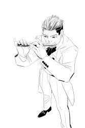 Rule 34 | 1boy, chengongzi123, closed mouth, collared coat, collared shirt, facial hair, foot out of frame, goatee stubble, golden kamuy, greyscale, hands up, highres, holding, holding instrument, instrument, long sleeves, looking at object, male focus, monochrome, music, ogata hyakunosuke, pants, playing instrument, shirt, shoes, short hair, simple background, smile, standing, stubble, undercut, very short hair, white background