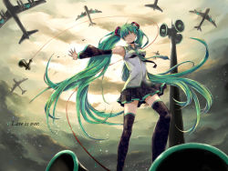 Rule 34 | 1girl, ahoge, aircraft, airplane, cloud, detached sleeves, green hair, hair over one eye, hatsune miku, koi wa sensou (vocaloid), long hair, megaphone, necktie, ojiji (natuo0625), outstretched arm, skirt, sky, solo, thighhighs, twintails, very long hair, vocaloid