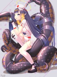 Rule 34 | alternate costume, commentary, english commentary, full body, hair ornament, highres, hololive, hololive english, long hair, looking at viewer, ninomae ina&#039;nis, pointy ears, purple eyes, purple hair, redn art, shoes, simple background, solo, syringe, tentacles, thighhighs, tongue, tongue out, virtual youtuber