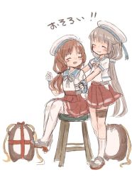 Rule 34 | 2girls, blue sailor collar, bokukawauso, brown hair, commentary request, closed eyes, flower, full body, gloves, grey hair, hair flower, hair ornament, hat, hip vent, kantai collection, long hair, low twintails, matching hairstyle, mikura (kancolle), multiple girls, otter, pleated skirt, puffy short sleeves, puffy sleeves, red skirt, sailor collar, sailor hat, sailor shirt, shirt, short sleeves, simple background, sitting, skirt, standing, stool, twintails, white background, white gloves, white headwear, white shirt, wss (nicoseiga19993411), yashiro (kancolle)