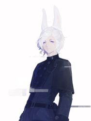 Rule 34 | 1boy, animal ears, belt, belt pouch, black robe, blue eyes, brooch, chinese commentary, commentary, expressionless, final fantasy, final fantasy xiv, glitch, highres, jewelry, lapel chain, looking at viewer, looking to the side, male focus, mole, mole under eye, nery, original, pouch, rabbit boy, rabbit ears, robe, short hair, side cape, simple background, solo, swept bangs, upper body, viera, white background, white hair