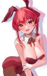 Rule 34 | 1girl, animal ears, bare shoulders, blush, bow, bowtie, breasts, cleavage, detached collar, fake animal ears, fishnet pantyhose, fishnets, hair between eyes, hair ribbon, heterochromia, highres, hololive, houshou marine, large breasts, leotard, long hair, looking at viewer, open mouth, pantyhose, playboy bunny, rabbit ears, red bow, red bowtie, red eyes, red hair, ribbon, smile, solo, suiso kurage (user ncer3537), twintails, virtual youtuber, yellow eyes