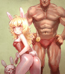 Rule 34 | 1boy, 1girl, animal ears, ass, blonde hair, bow (bhp), rabbit ears, head out of frame, muscular, original, pantyhose, when you see it, wrist cuffs, yellow eyes