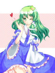 Rule 34 | 1girl, bad id, bad pixiv id, chico512, detached sleeves, female focus, frog, green eyes, green hair, hair ornament, japanese clothes, kochiya sanae, long hair, solo, standing, toma tokage, touhou, wink
