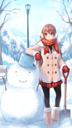 Rule 34 | 1girl, ankle boots, arm support, black pantyhose, boots, breath, brown hair, bucket, coat, comic, earmuffs, fur boots, highres, long hair, mittens, original, pantyhose, red eyes, red mittens, scarf, shovel, skirt, smile, snow, snowman, solo, tree, worktool, yatsuashi matomo