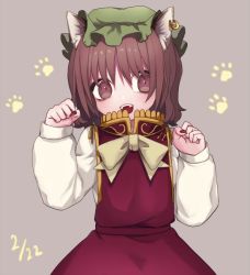 Rule 34 | 1girl, animal ears, bad id, bad twitter id, brown eyes, brown hair, cat ears, chen, dated, dress, earrings, fangs, hat, jewelry, long sleeves, looking at viewer, mob cap, nail polish, open mouth, paw pose, paw print, rari-ko, red dress, short hair, simple background, single earring, smile, solo, touhou, turtleneck, upper body