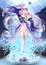 Rule 34 | 1girl, arm up, bare shoulders, blue bow, blue eyes, bow, full body, genshin impact, gloves, gluteal fold, gradient hair, highres, holding, long hair, long sleeves, looking at viewer, multicolored hair, navel, open clothes, panties, pink hair, resolution mismatch, revealing clothes, sangonomiya kokomi, shoes, smile, solo, source smaller, standing, stomach, string panties, thigh gap, thighhighs, twintails, underwear, very long hair, vision (genshin impact), water, white gloves, white panties, white thighhighs, wide sleeves, yan (nicknikg)