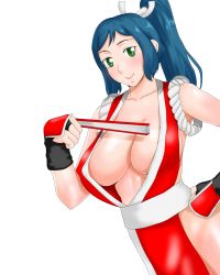Rule 34 | 1girl, armpits, bare shoulders, blue hair, breasts, cleavage, cosplay, fatal fury, fingerless gloves, gloves, green eyes, gundam, gundam build fighters, hand fan, hand on own hip, highres, hip focus, iori rinko, japanese clothes, large breasts, lips, long hair, looking at viewer, mature female, midriff, mitsuishi kotono, momi hoshi age, no bra, no panties, ponytail, revealing clothes, shiranui mai, shiranui mai (cosplay), simple background, smile, snk, solo, voice actor connection, white background