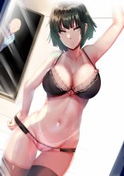 Rule 34 | 1boy, 1girl, arm up, armpits, arms at sides, bald, bikini tan, black bra, black hair, black legwear, black panties, blurry, bow, bow bra, bra, breasts, cameltoe, cleavage, collarbone, cowboy shot, depth of field, dutch angle, fubuki (one-punch man), gluteal fold, green eyes, groin, hand in panties, hews, lace, lace-trimmed bra, lace trim, large breasts, looking at viewer, mirror, navel, one-punch man, pajamas, panties, parted lips, pink bow, pink lips, pink panties, reflection, saitama (one-punch man), short hair, solo focus, stomach, striped clothes, striped pajamas, sweat, tan, tanline, thigh gap, underwear, underwear only, window