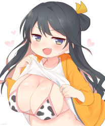 Rule 34 | 1girl, animal print, bikini, black hair, blush, breasts, clothes lift, cow print, fang, heart, highres, jacket, kantai collection, koeda (koeda1kg), large breasts, long hair, looking at viewer, multicolored hair, naganami (kancolle), open mouth, oppai loli, orange jacket, pink hair, shirt, shirt lift, simple background, solo, sweat, swimsuit, upper body, wavy hair, white background, white shirt