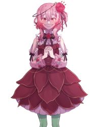 Rule 34 | 1girl, absurdres, ash teria, bow, bowtie, clothing cutout, dress, feet out of frame, flower, green legwear, hair flower, hair ornament, highres, lolita fashion, long sleeves, looking at viewer, medium hair, nijisanji, nijisanji en, own hands together, pink eyes, pink hair, red dress, rose, rosemi lovelock, rosemi lovelock (1st costume), shoulder cutout, simple background, smile, solo, thorns, virtual youtuber, white background