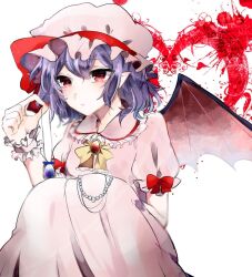 Rule 34 | 1girl, bat wings, blue hair, blush, bow, bowtie, closed mouth, collared shirt, commentary, frilled hat, frilled shirt collar, frilled sleeves, frilled wrist cuffs, frills, gem, hand on lap, hand up, hat, hat ribbon, heart, holding, holding jewelry, holding necklace, jewelry, light frown, long skirt, looking at hand, mob cap, necklace, paint splatter, pearl necklace, pendant, pink hat, pink shirt, pink skirt, pink wrist cuffs, pointy ears, puffy short sleeves, puffy sleeves, red bow, red eyes, red gemstone, red ribbon, remilia scarlet, ribbon, shirt, short hair, short sleeves, single wrist cuff, sitting, skirt, skirt set, sleeve bow, suzune hapinesu, touhou, white background, wings, wrist cuffs, yellow bow, yellow bowtie