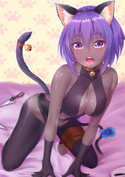 Rule 34 | 1girl, all fours, animal ears, bare shoulders, bell, black gloves, blush, breasts, cat ears, cat tail, cleavage, collar, dark-skinned female, dark skin, fake animal ears, fate/prototype, fate/prototype: fragments of blue and silver, fate (series), gloves, hairband, hassan of serenity (fate), highres, jingle bell, kemonomimi mode, knife, large breasts, looking at viewer, mask, unworn mask, nail polish, neck bell, on bed, open mouth, paw print, purple eyes, purple hair, purple nails, saliva, short hair, solo, tail, tail bell, tail ornament, toeless legwear, toes, tongue, tongue out, yuunagi (0217)