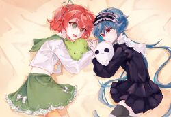 Rule 34 | 2girls, absurdres, bed, bed sheet, blue hair, bow, commission, dress, fuyo cloverfield, green eyes, hair ribbon, highres, holding, holding hands, idol corp, long hair, looking at another, lying, multiple girls, nose, on side, open mouth, orange hair, red eyes, ribbon, shirt, short hair, simple background, skirt, stuffed toy, thighhighs, thighs, virtual youtuber, yuko yurei