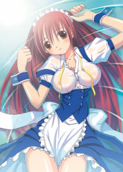 Rule 34 | 1girl, aikawa touma, breasts, buttons, cleavage, cowboy shot, double-breasted, huge breasts, light frown, long hair, maid, maid headdress, red hair, see-through, solo, very long hair, waitress, wet, wet clothes, wrist cuffs