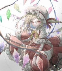 Rule 34 | 1girl, absurdres, blonde hair, closed mouth, crystal, flandre scarlet, frilled skirt, frills, hat, highres, long hair, mob cap, one side up, red eyes, red skirt, red vest, short sleeves, skirt, solo, touhou, tqg 07, vest, white hat, wings