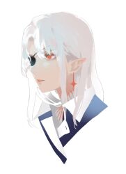 Rule 34 | closed mouth, coat, eyepatch, highres, inverted cross earrings, keibleh, long hair, marianne (keibleh), one eye covered, original, pointy ears, portrait, red eyes, simple background, slit pupils, white background, white hair