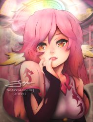 Rule 34 | 1girl, angel wings, artist request, bare shoulders, breasts, bridal gauntlets, character name, commentary, spiked halo, copyright name, crop top, cross, english commentary, feathered wings, finger to mouth, gradient hair, halo, jibril (no game no life), long hair, looking at viewer, low wings, magic circle, medium breasts, multicolored hair, no game no life, open mouth, orange eyes, pink hair, sideboob, solo, symbol-shaped pupils, tattoo, teeth, upper body, white wings, wing ears, wings