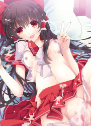 Rule 34 | 1girl, aftersex, alternate costume, breasts, brown hair, clothes lift, cum, dutch angle, hair ribbon, hair tubes, hakurei reimu, long hair, looking at viewer, lying, nail polish, navel, nipples, on back, on bed, open mouth, panties, plaid, plaid panties, pussy, red eyes, ribbon, sailor collar, school uniform, shirt lift, short sleeves, skirt, small breasts, smile, solo, tears, touhou, underwear, v, yanagise