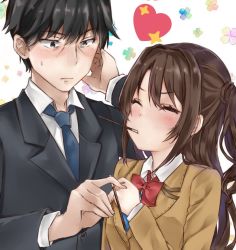 Rule 34 | 1boy, 1girl, bad id, bad twitter id, black jacket, blue neckwear, blush, bow, bowtie, brown hair, brown jacket, collared shirt, closed eyes, food, hair between eyes, hand on own chest, heart, holding, idolmaster, jacket, long hair, long sleeves, looking at another, mouth hold, nana kagura, necktie, one side up, pocky, pocky day, producer (idolmaster), red neckwear, shimamura uzuki, shirt, white shirt, wing collar